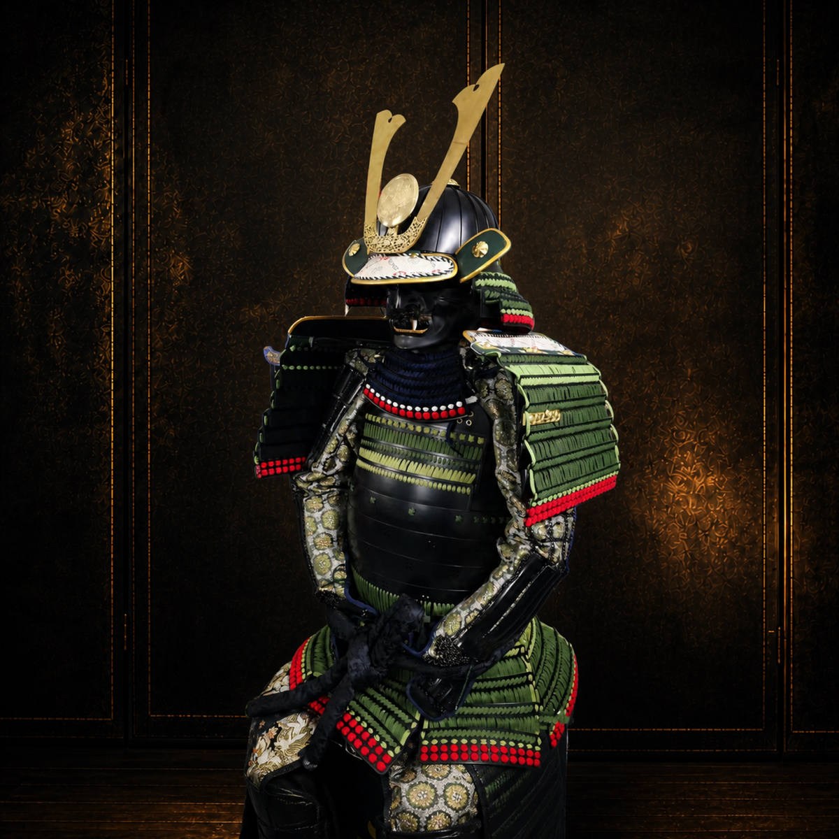 Late Edo ceremonial samurai armor, cuirass and lacing detail, dark museum-style background