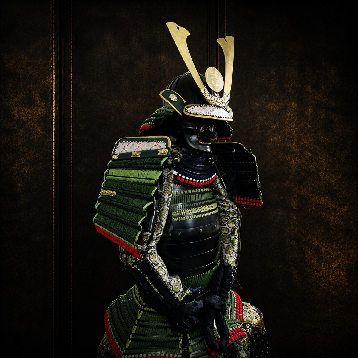 Late Edo ceremonial samurai armor, shoulder guard detail, dark museum-style background